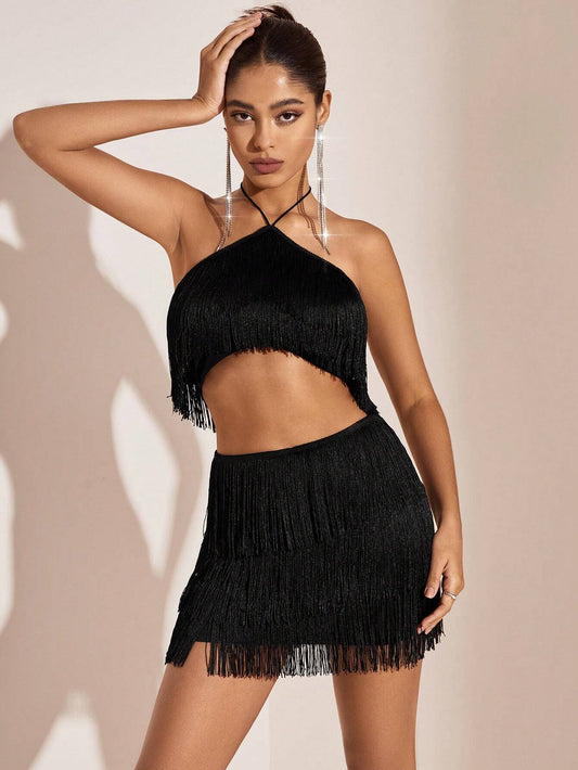 Women's Set - Halterneck Top & Miniskirt - With Fringes - Trendy Party Look