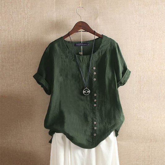 Women's Blouse - Cotton - Relaxed Fit - Button Detail - Short Rolled Sleeves