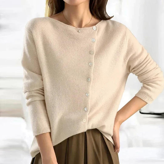 Women's Knit Sweater - Asymmetric Button Closure - Soft Wool Blend - Long-Sleeved Relaxed Fit