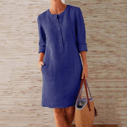 Women's Shirt Dress - Light and Breathable Linen - Relaxed Fit - Button Closure and Side Pockets