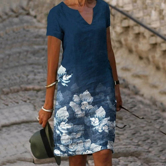 Women's Dress - Light and Breathable Cotton - Loose Fit - V-neck - Knee Length with Pattern