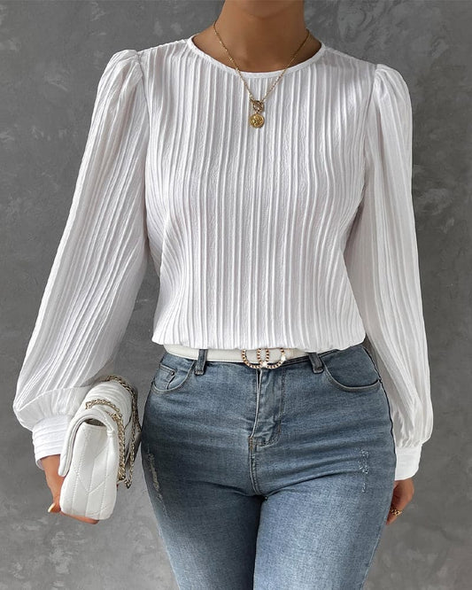 Women's Blouse - Long Sleeved with Puff Sleeves - Textured Pleated Design - Round Neck