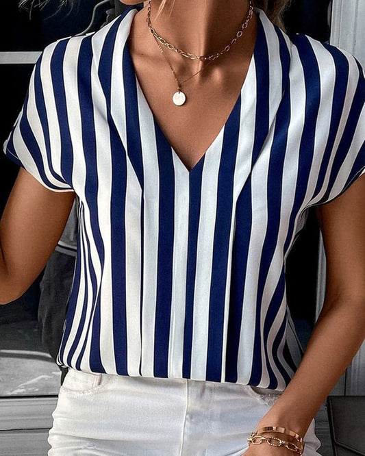 Women's Blouse - V-Neck with Collar - Short Sleeves - Classic Striped - Loose Fit