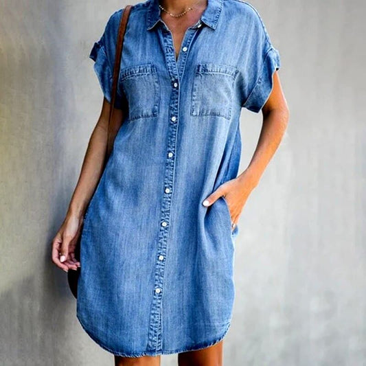 Women's Shirt Dress - Denim - Relaxed Fit - Button Closure - Short Rolled Sleeves
