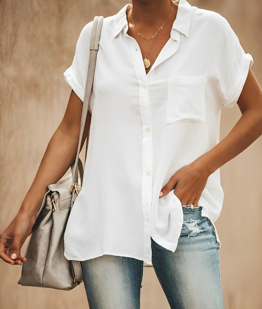 Women's Shirt - Relaxed Fit - Button Closure & Chest Pocket - Short Rolled-up Sleeves