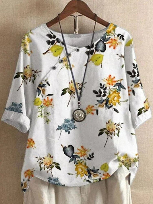 Women's Blouse - Floral Pattern - Relaxed Fit - Round Neck - Button Details