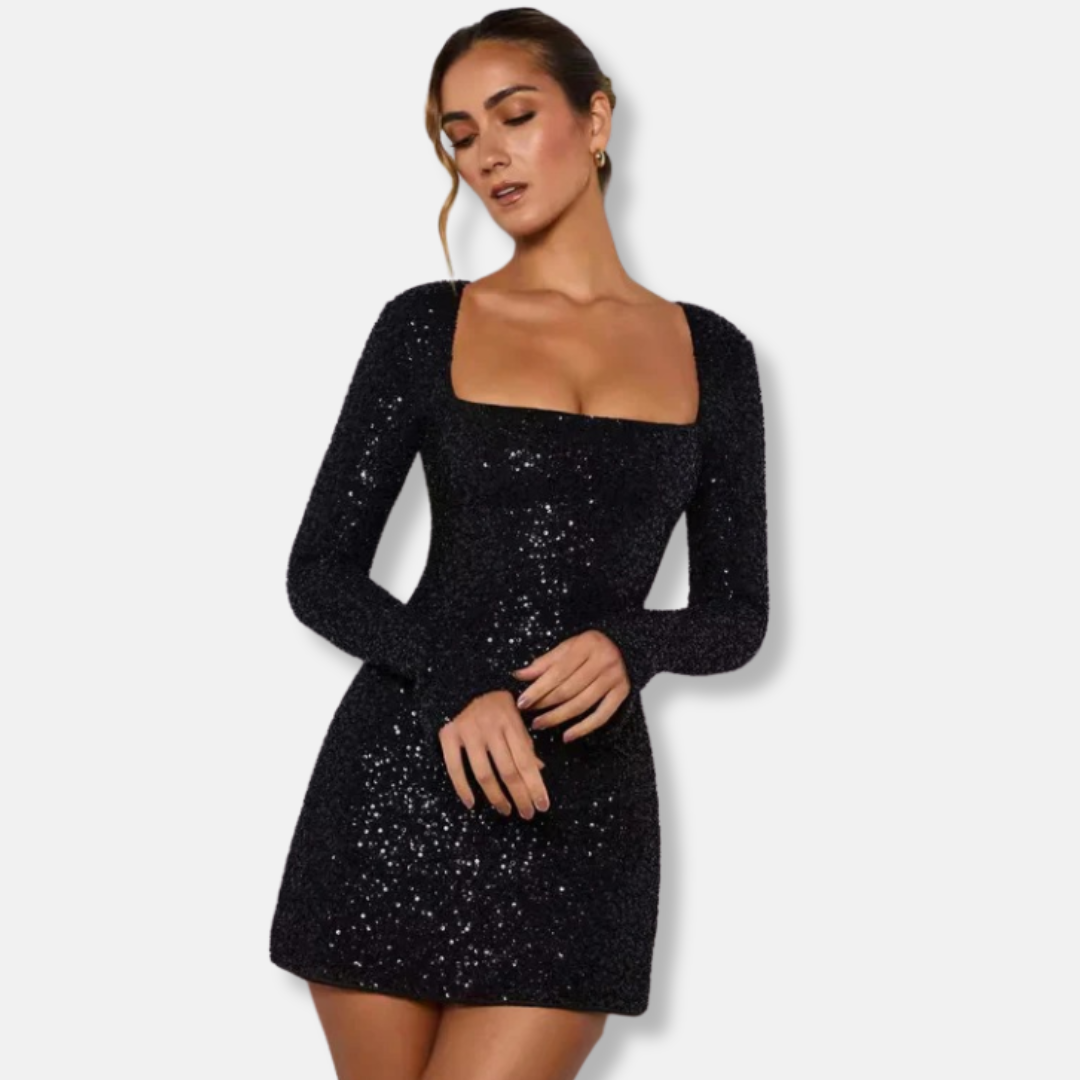 Harper Sequin Embellished Bodycon Mini Dress | Square Neck Long Sleeve Dress
