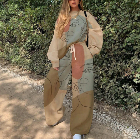 Women's Loungewear Set - Soft Cotton - Oversized Sweatshirt & Wide-Leg Pants - Adjustable Waist