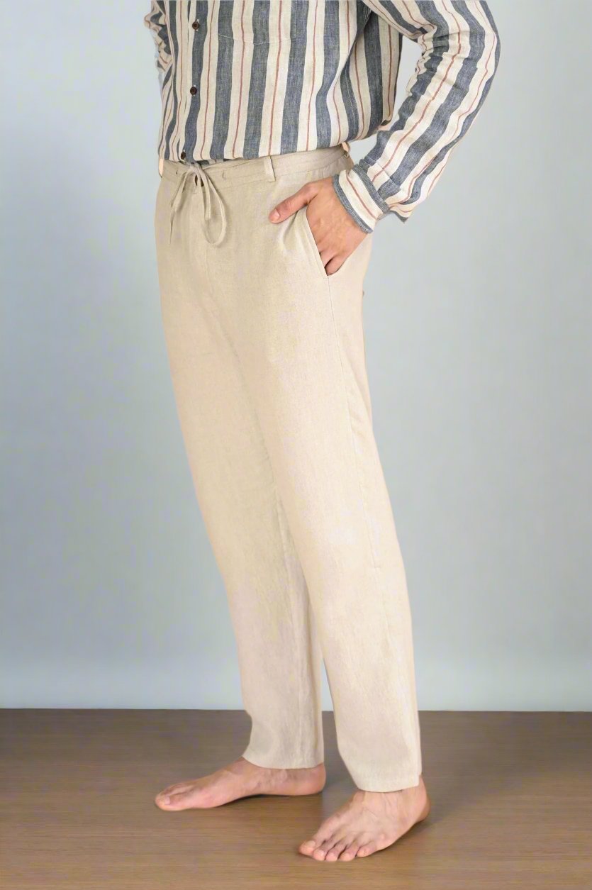 Men's Trousers - Lightweight Linen - Relaxed Fit - Drawstring Waist - Side Pockets