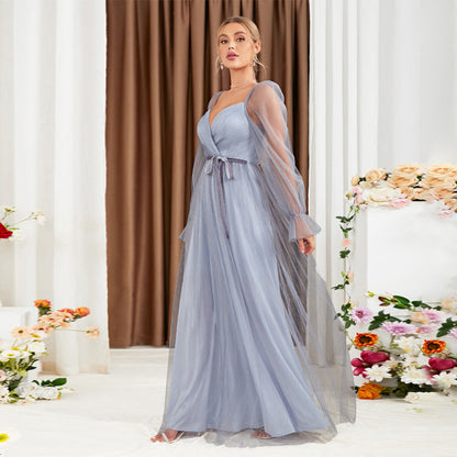 Dress for Women – Maxi Dress with V-Neck – Tie Belt – Long Sheer Sleeves