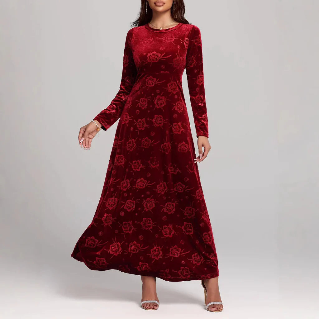 Women's Maxi Dress – A-Line Fit – Velvet with Embossed Flowers – Long Sleeves Elegant