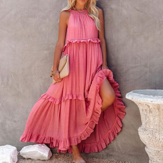 Women's Maxi Dress - Sleeveless Long Model - Airy Design with Ruffle Details