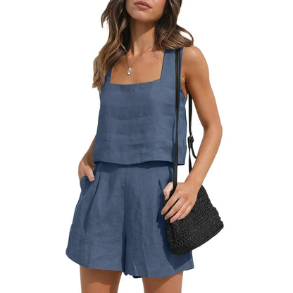 Women's Set – Sleeveless Top with Square Neckline – High-Waisted Shorts with Pleats – Light and Airy