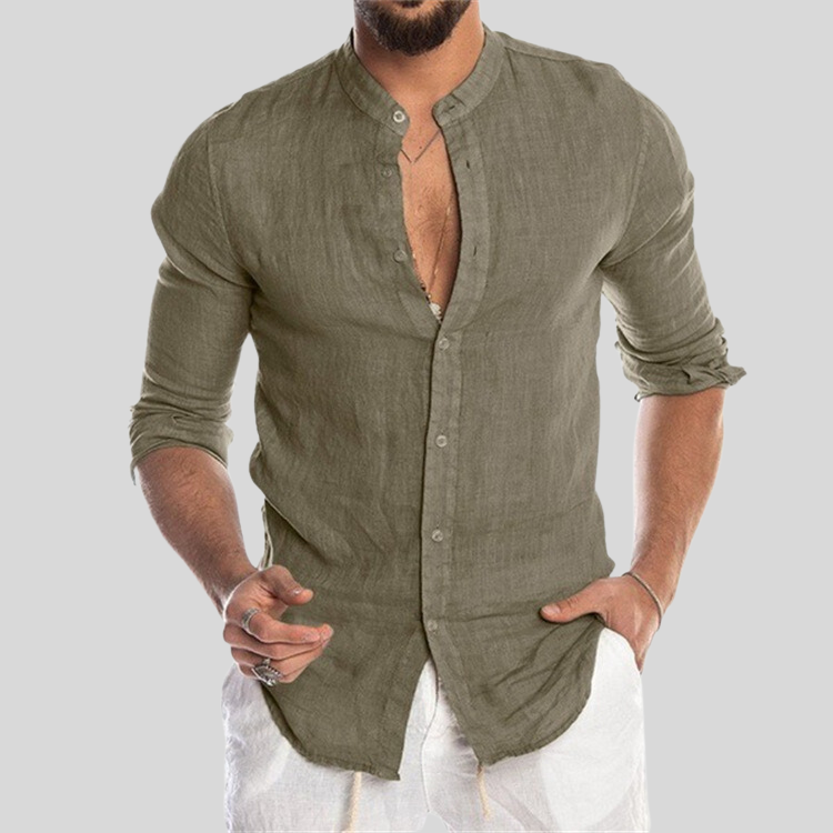 Men's Shirt - Breathable Linen Blend - Relaxed Fit - Mandarin Collar - Long Sleeves