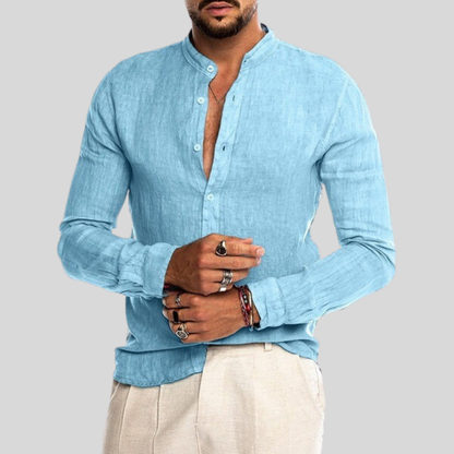 Men's Shirt - Breathable Linen Blend - Relaxed Fit - Mandarin Collar - Long Sleeves