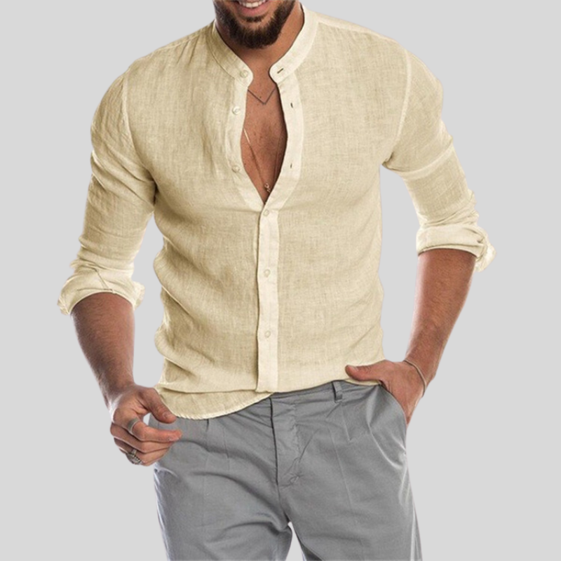 Men's Shirt - Breathable Linen Blend - Relaxed Fit - Mandarin Collar - Long Sleeves