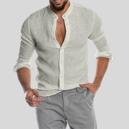 Men's Shirt - Breathable Linen Blend - Relaxed Fit - Mandarin Collar - Long Sleeves