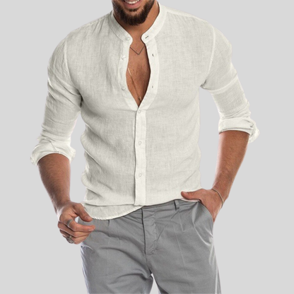 Men's Shirt - Breathable Linen Blend - Relaxed Fit - Mandarin Collar - Long Sleeves