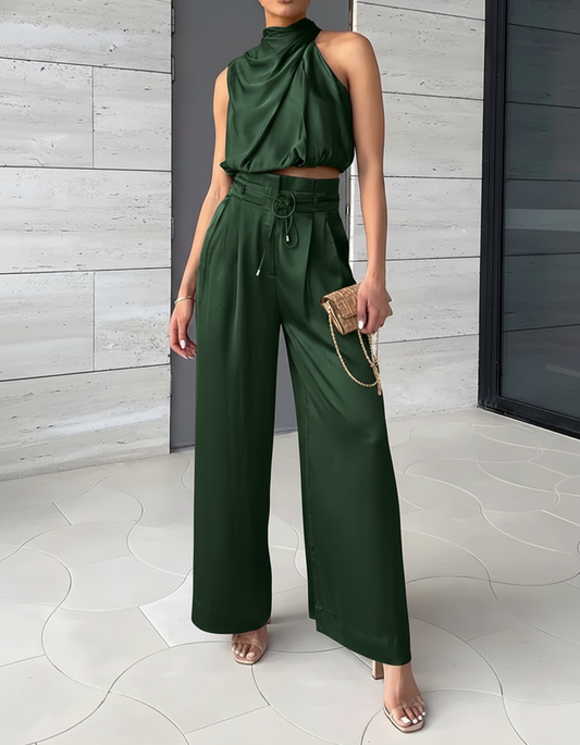 Women's Two-piece Jumpsuit - High-neck Satin Halter Top - High-waisted Wide Pants