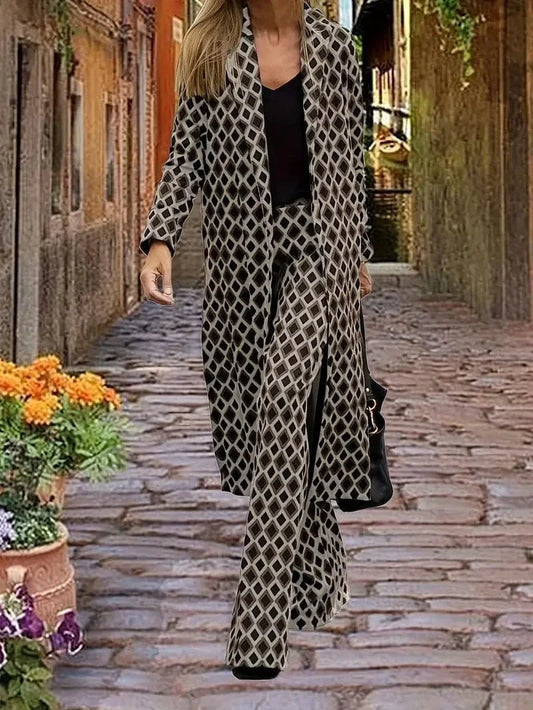 Women's Set - Long Open Coat & Wide Pants - Geometric Pattern - Elegant Fit