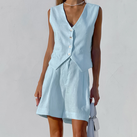Women's Two-Piece Set - Sleeveless Vest with Buttons - High-Waisted Shorts - Elegant Cut