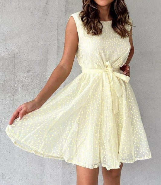 Anne - Solid Color and Yellow Polka Dot Dress with Belt Sleeves