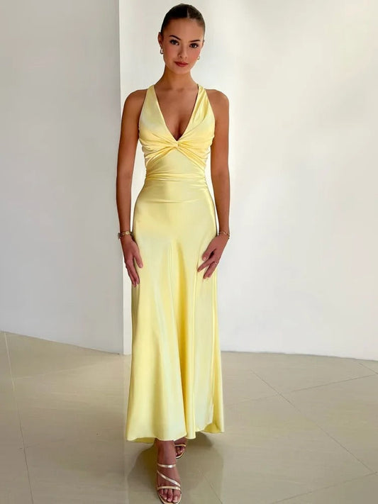 Women's Evening Dress - Sleeveless V-neck - Long A-line Silhouette - Elegant Party Dress