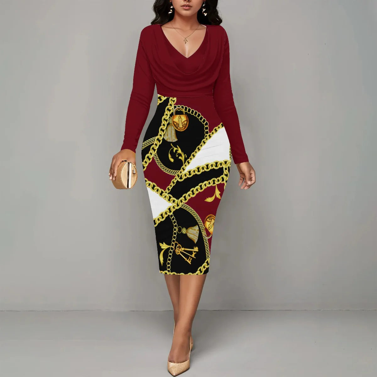 Dress for Women – Midi Length – Fitted Fit – Wrap Neckline – Long Sleeves – Chain Pattern