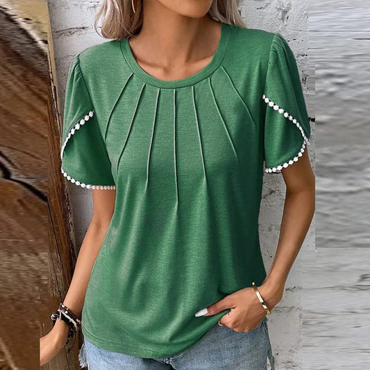 Women's Blouse - Soft Cotton - Short Puff Sleeves - Pleated Design & Round Neck