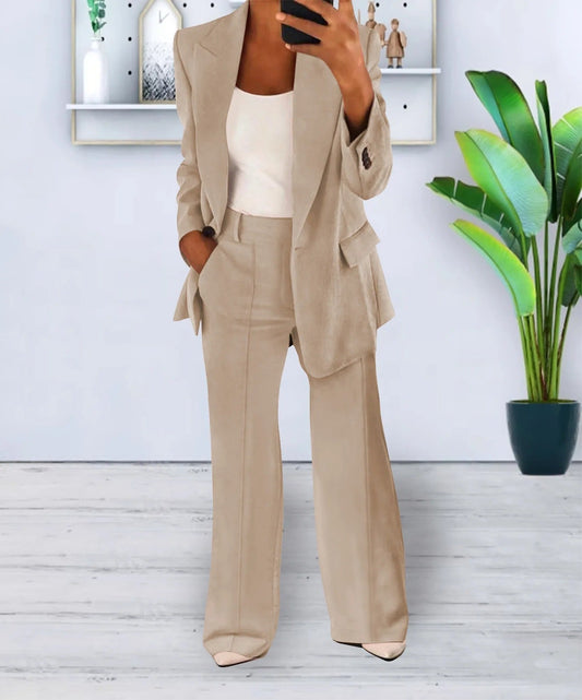 Women's Suit - Single Button Blazer - High-Waisted Trousers - Wide Leg Fit