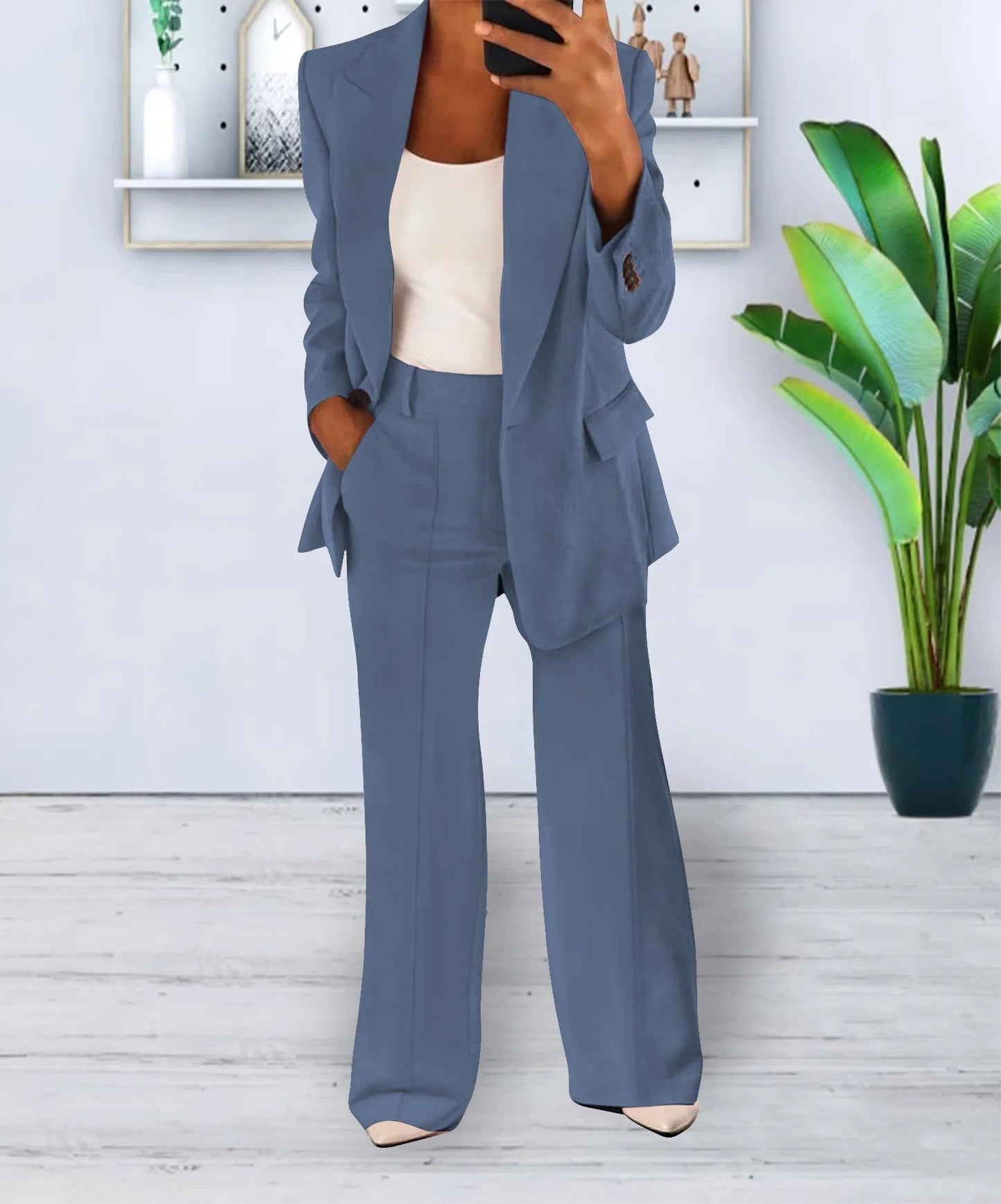 Women's Suit - Single Button Blazer - High-Waisted Trousers - Wide Leg Fit